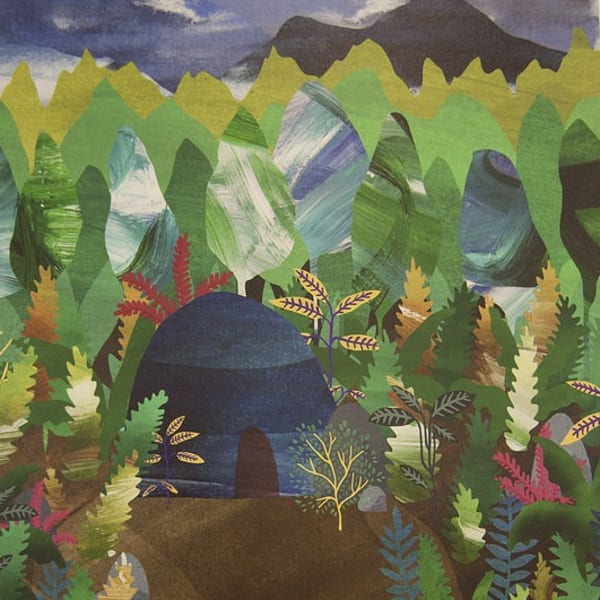 Illustration of a tent in a forest 