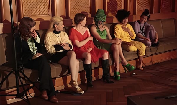 A row of people sat on a long bench against a wood-panelled wall. They are talking and laughing.
