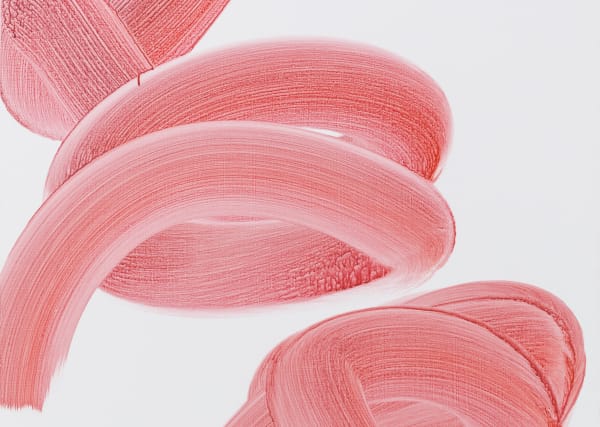 Pink swirly strokes of paint on white canvas