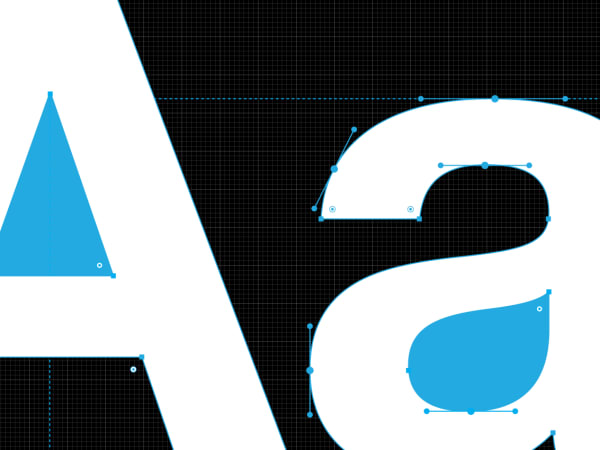 Upper and lower case letter A in Helvetica Neue LT Pro on a black background. Grids and guides are included to show details of the letterforms. The negative spaces inside the letters are blue.