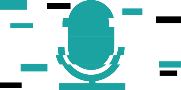 a blue recording microphone on a white background with decorative patterns