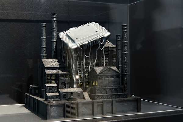 Metallic model of industrial building with a melted plate on top