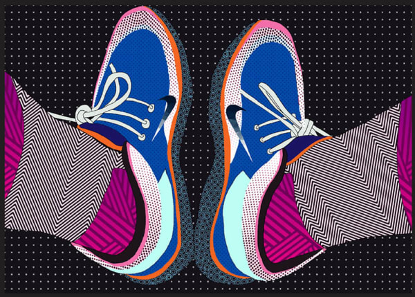 An illustration of a pair of ankles in highly patterned Nike trainers.