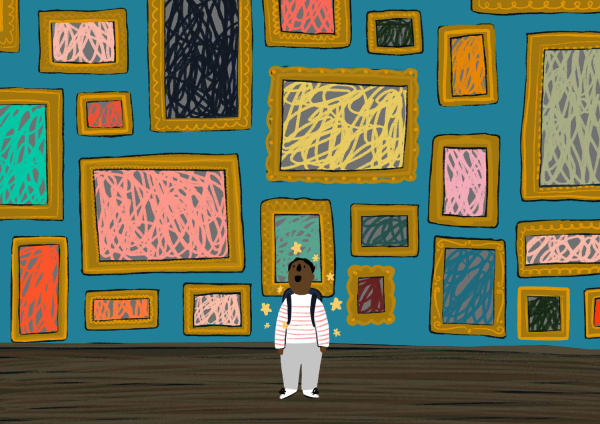 Illustration of a small child standing in a gallery