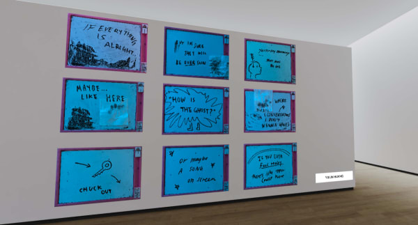 Nine blue rectangular works with black handwritten text.