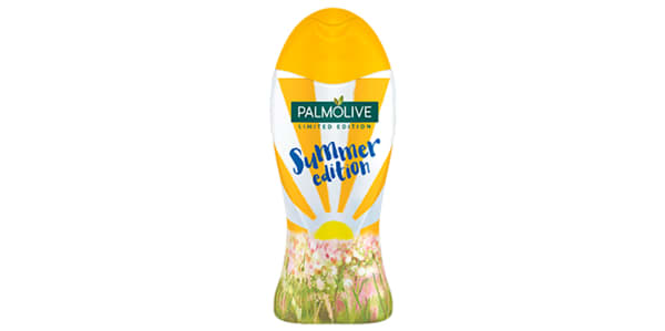 Bottle of Palmolive shower gel, with packaging designed with a yellow sun rising out of a meadow of flowers.