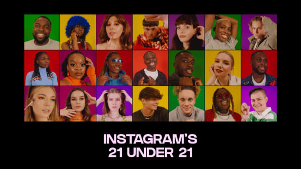 21 photos of young instagrammers, all against a different coloured background. Black border and in white text underneath 'Instagram's 21 under 21'. 