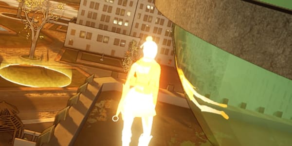 Glowing yellow avatar with a ponytail, seen from the back standing in an urban landscape