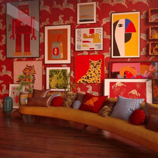 CGI image of a red wall filled with images 