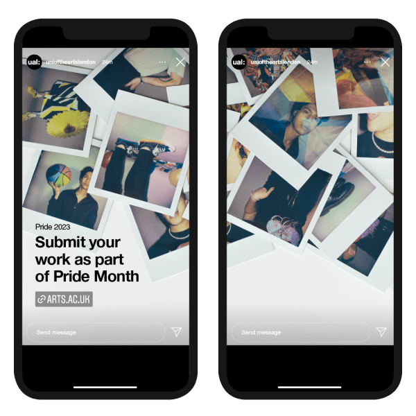 Instagram story across 2 slides calling out for artwork submissions