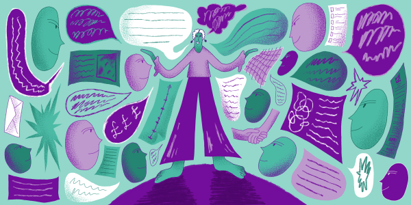 An illustration of a person surrounded by speech bubbles and notes.