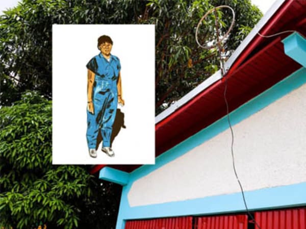 Montage of images, in the background is a close up of the top of a house painted white with red and turquoise painted wood. In the foreground is a print of a person dressing in blue overalls wearing glasses.  