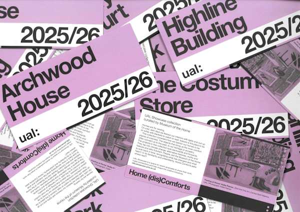 An image of the UAL Halls flyers scattered in various orientations across the frame, creating a layered, patterned effect. Each flyer has a purple and black color scheme and features an artwork depicting an interior domestic scene. The headline on the flyers reads the Halls' names, such as Archwood House and Highline Building with the UAL logo and year 2025/26.