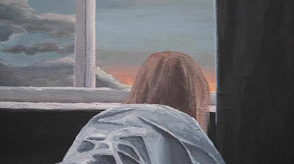Painting of a figure looking out an open window