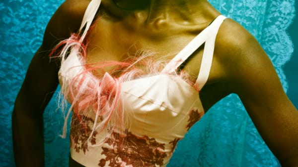 Female model in cream and pink bustier
