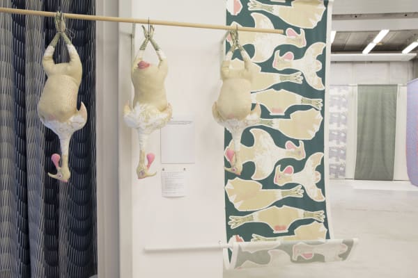 Hanging prints and fabric turkeys 