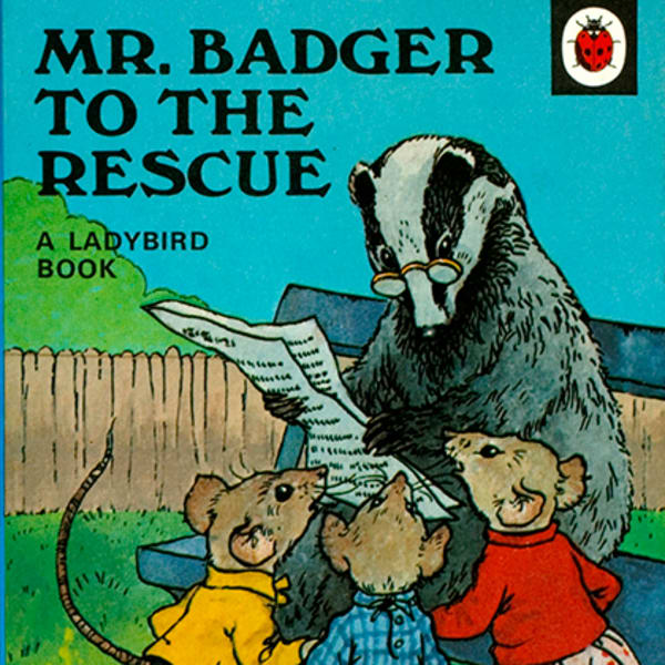 Front cover of a vintage Ladybird book, showing a badger reading a newspaper to three mice. 