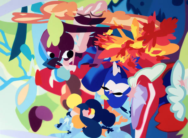 Brightly coloured 2D shapes - there are some faces visible in it 