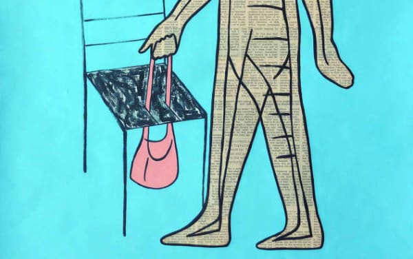 An illustration of a person holding a handbag through a chair 