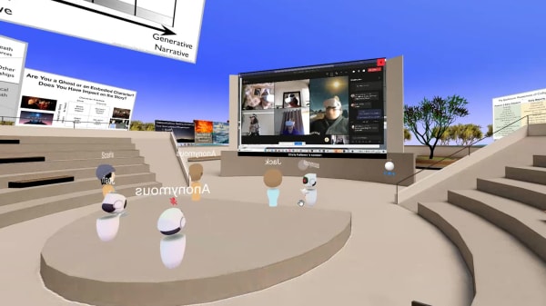 Virtual reality digital setting with robot and human characters walking around and looking at a screen in a mock lecture theatre outside.