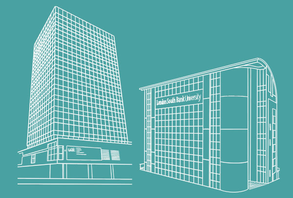 line art illustration of university buildings on a teal background