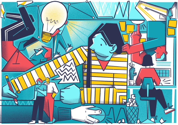 An abstract illustration of the elements of creative business - in the center a blue person with long hair and yellow striped shirt looks off to the side. Surrounding them are other characters working on their own creative businesses