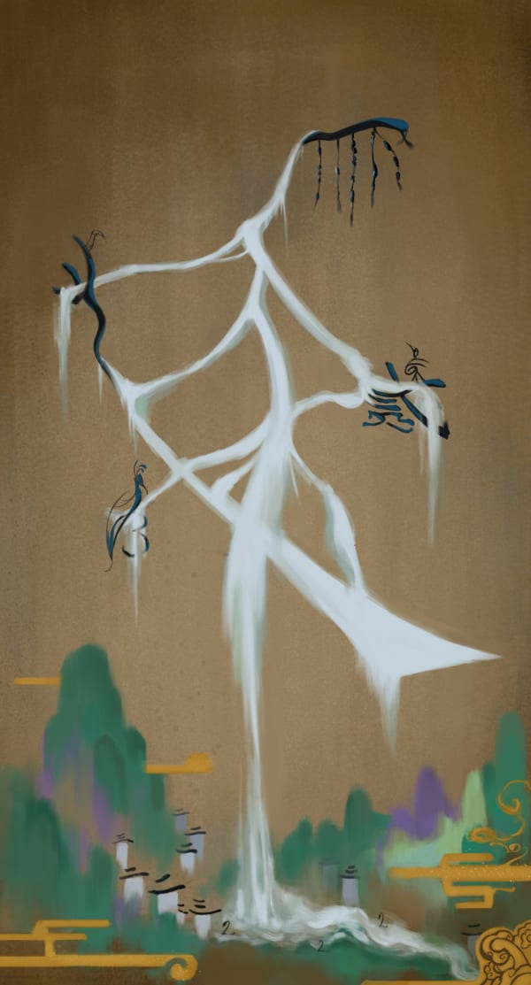 abstract painting of a tree with characters in the branches