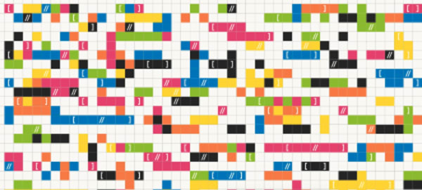 A crossword style illustration where the blocks are randomly filled in with colours and punctuation symbols.