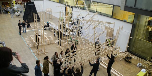 Students installing a wooden structure 