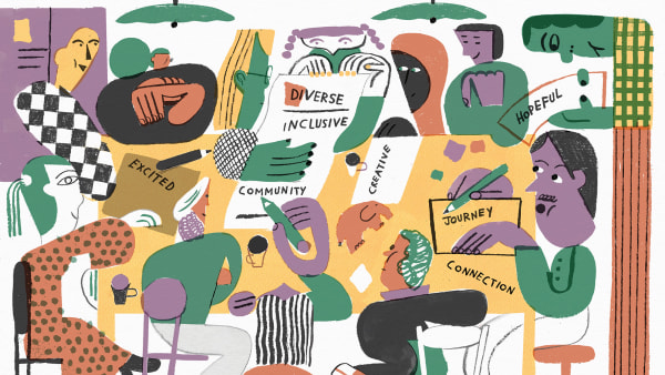 Illustration by Palak Garg featuring characters of black and ethnic minority backgrounds at a workshop.