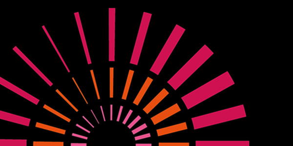 3 pink and orange graphic radial circles on a black background