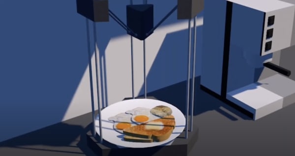 Computer-generated image showing a plate of breakfast foods in a blue interior.