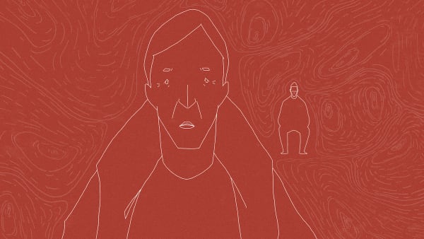 White line work animation of two male figures on a red background