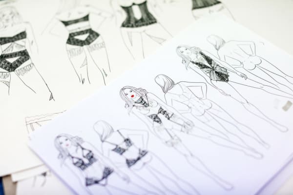 A series of fashion illustrations featuring pattern lingerie designs.