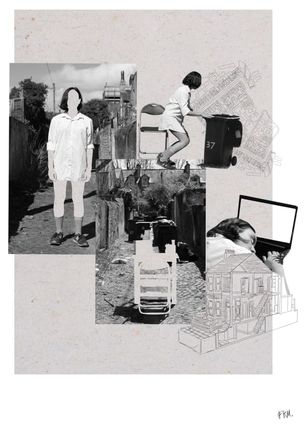 People at a desk in an alleyway and standing up