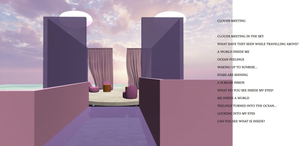 Cloudy sky above purple blocks