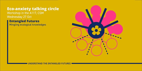 Yellow image with words Entangled Futures- Eco-anxiety Talking Circle