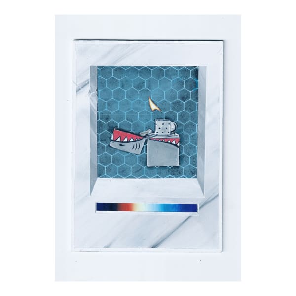 A painting of a lighter with a shark painted on it - it's lit up and against a honeycomb-patterned blue background