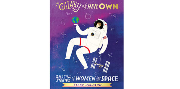 Book cover of a illustration by Rosie Chomet, showing a female astronaut floating in purple space, wearing a white spacesuit and balancing the earth on her palm.