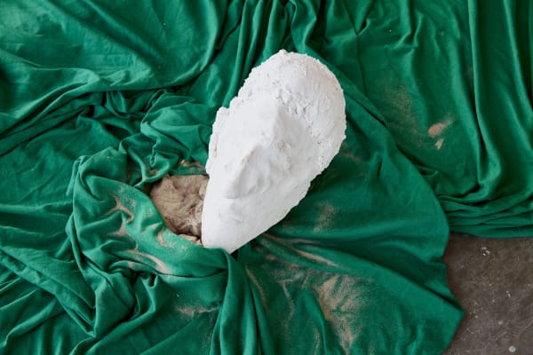 A close up of a head sculpture, laid on top of a rich green fabric
