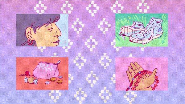 4 rectangle landscape illustrations set over an illustrated textile background. The images depict a face; shoes; a coin purse and prayer beads