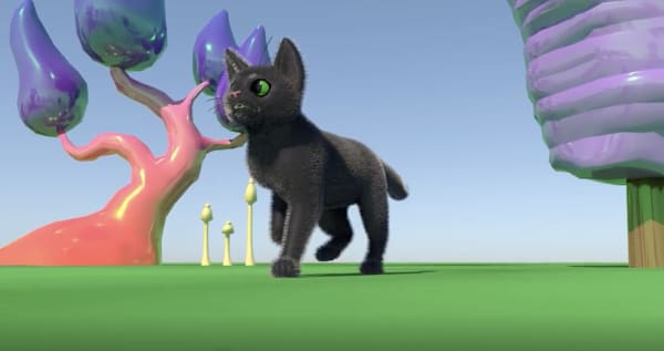 A 3D animated showreel focusing on lighting, materials, and performance. The scene features a black cat walking against a green background