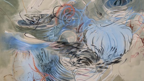 Abstract painting consisting of swirls across the canvas in blues, reds, greys and khaki greens. 