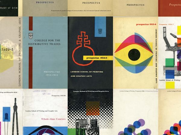 Close up of a compilation of historic prospectuses from London College of Communication Archive. The prospectuses in the photo are from the 1960s and 1970s, some are quite brightly coloured with strong graphic designs