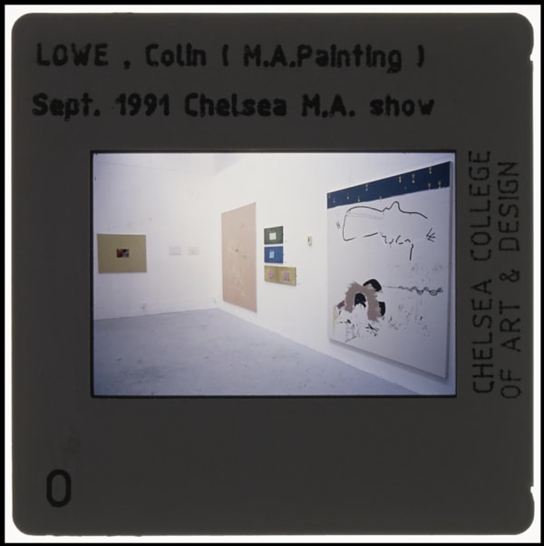 Slide with image of artworks hung on wall in gallery space