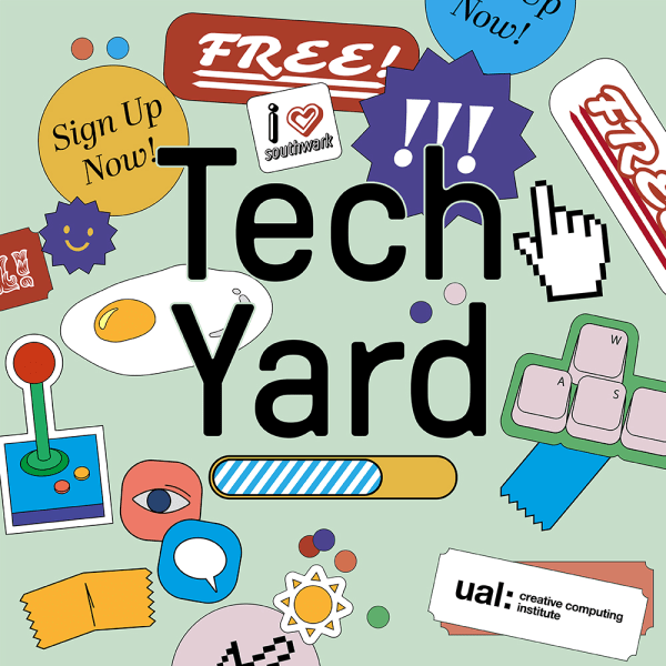 A digital illustration of Tech Yard which includes stickers saying 'free' and depicts a computer keyboard and other computational elements