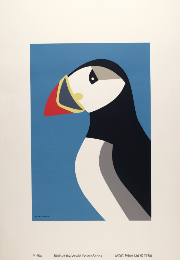 Poster of puffin with blue background and white border