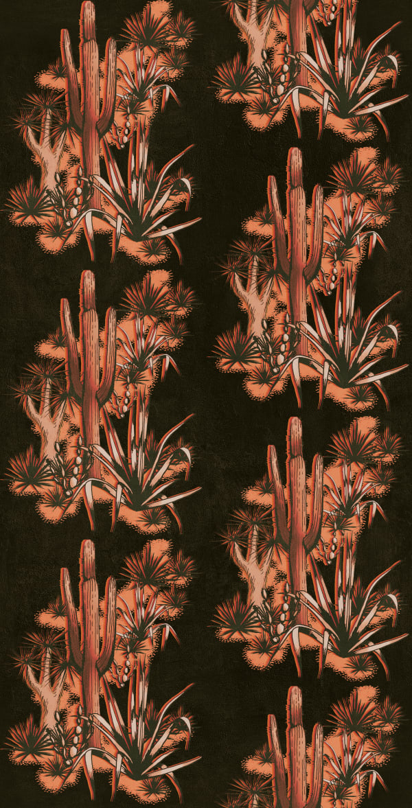 A dark wallpaper with a repeat desert nature pattern in orange