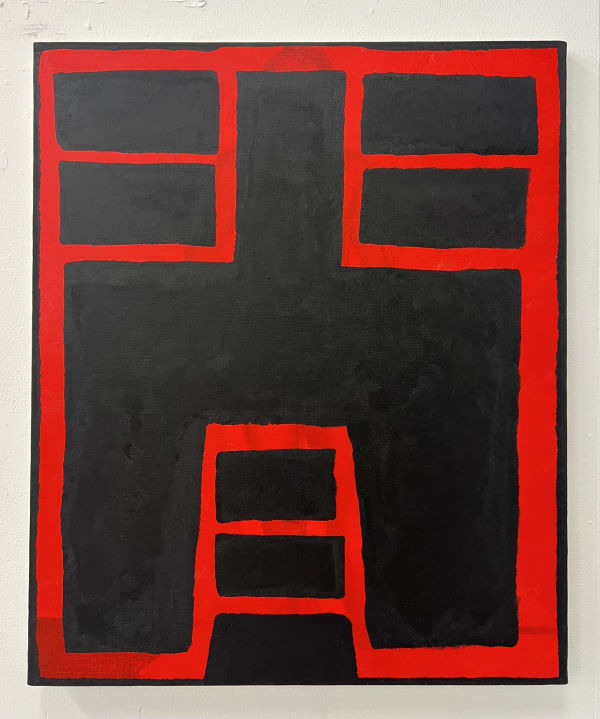 abstract painting of minimalist red lines in a shape of a house on a black background 
