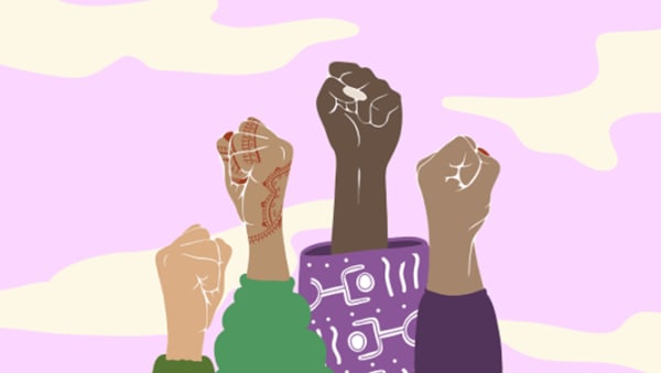 illustration of four women's fists rising up